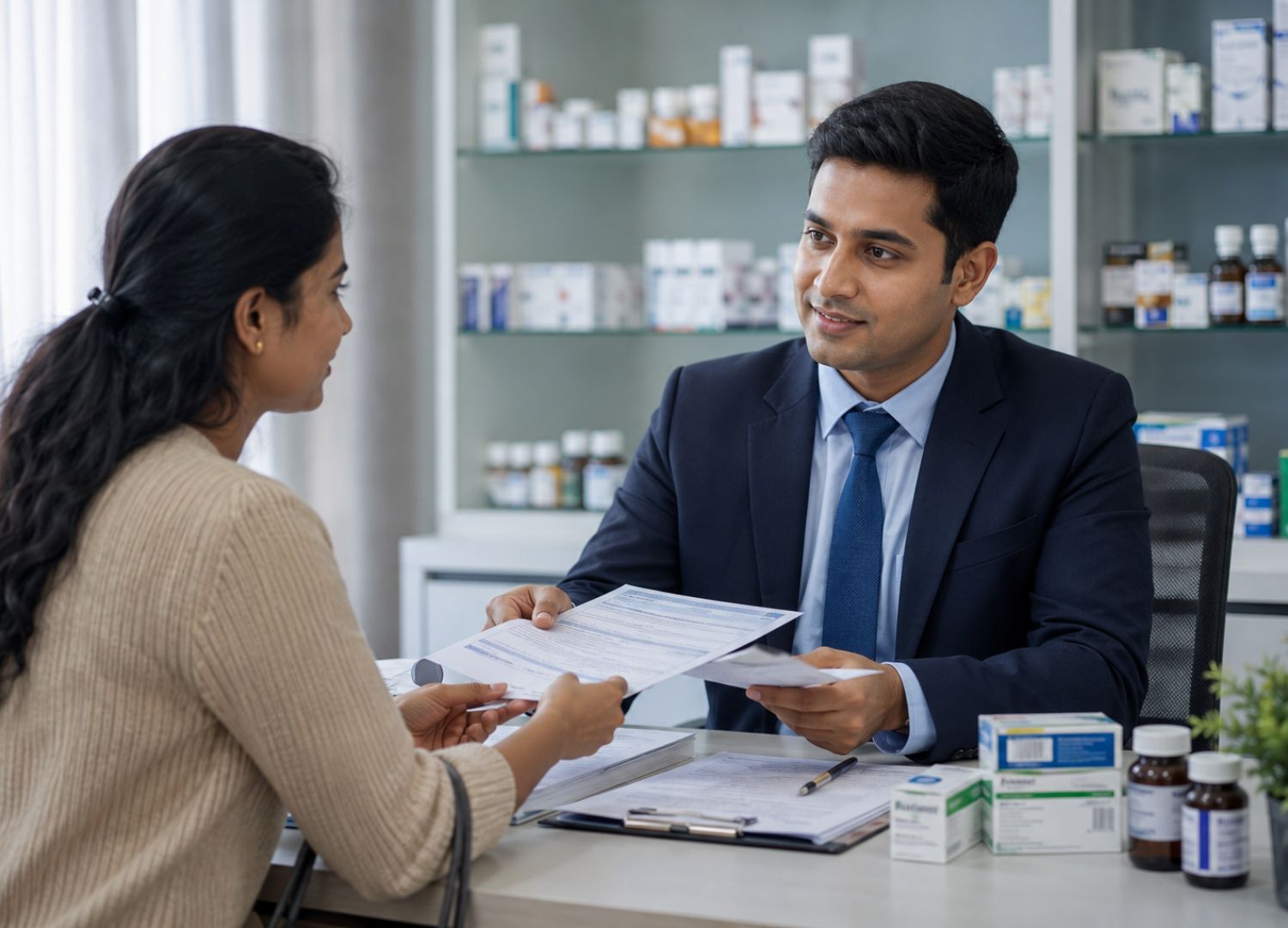 A pharmacist handing documents to a patient