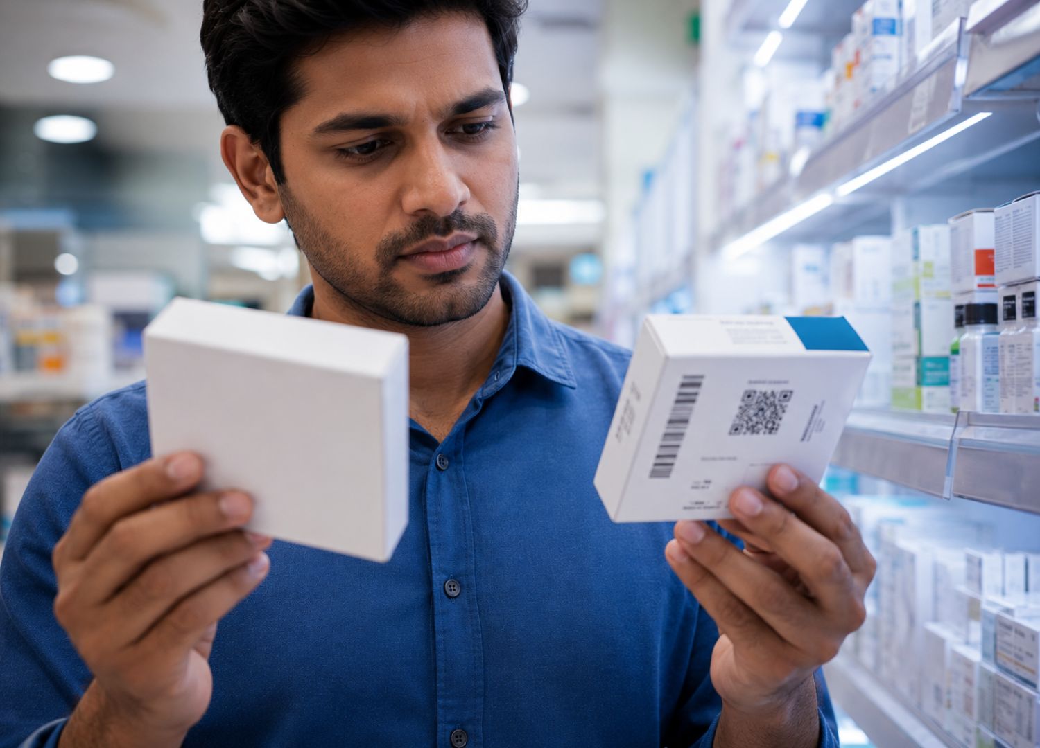 A pharmacist examining medicine packaging
