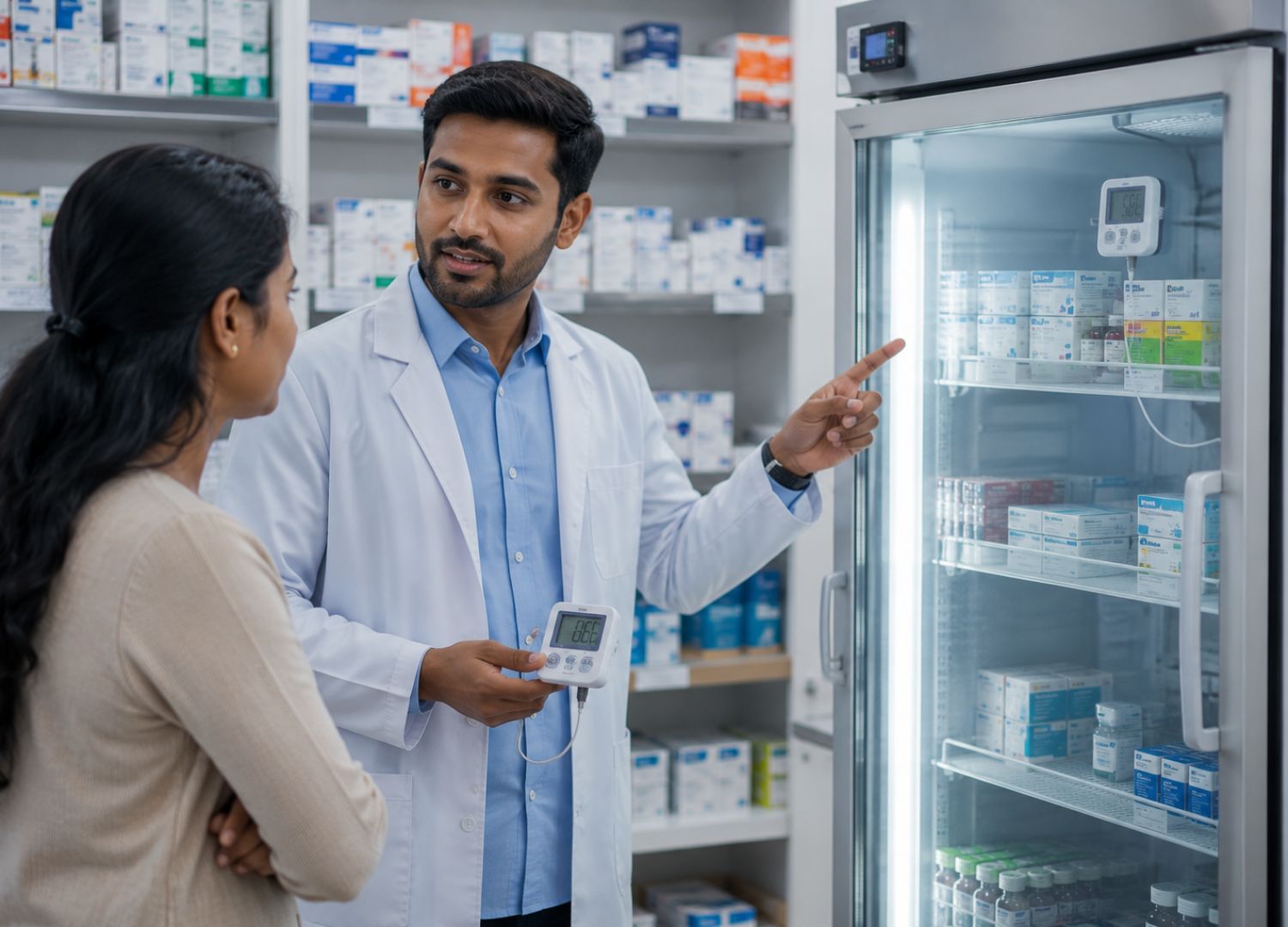 A pharmacist showing a patient a refrigerated storage unit