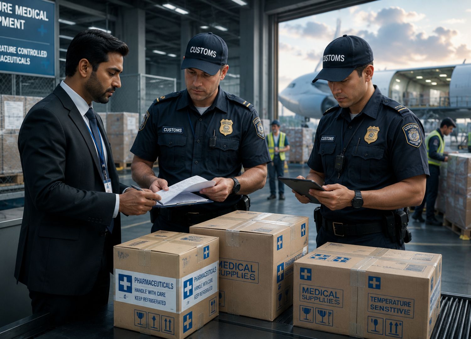 Customs officers inspecting medical shipments