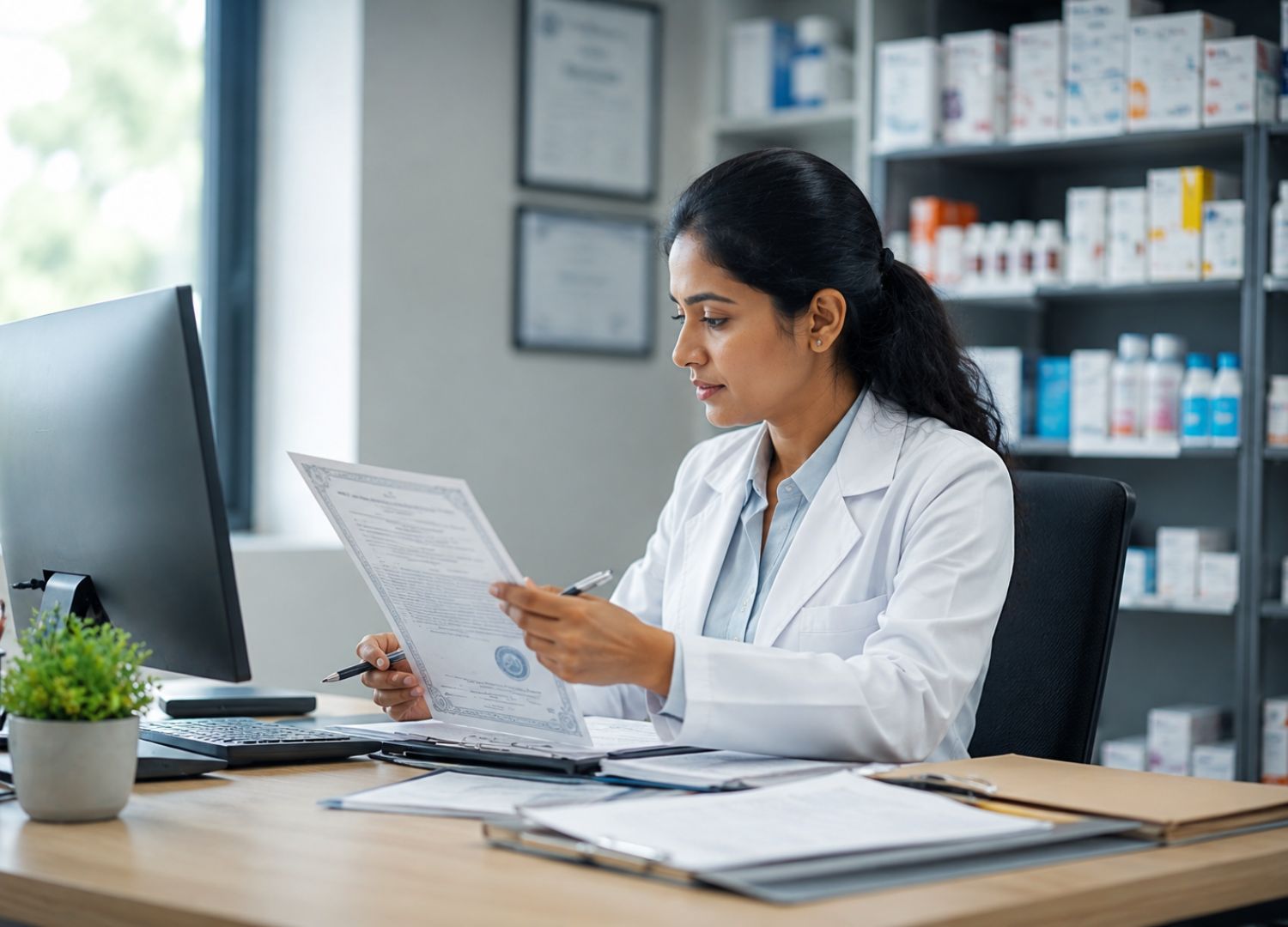A pharmacist reviewing documents at a desk