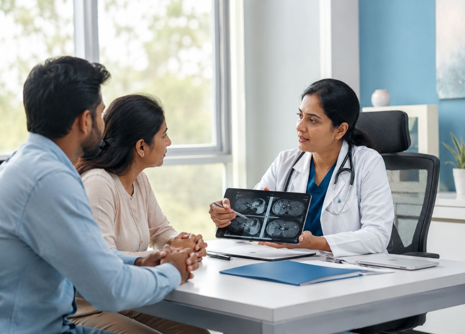 A doctor consulting with a couple in an office