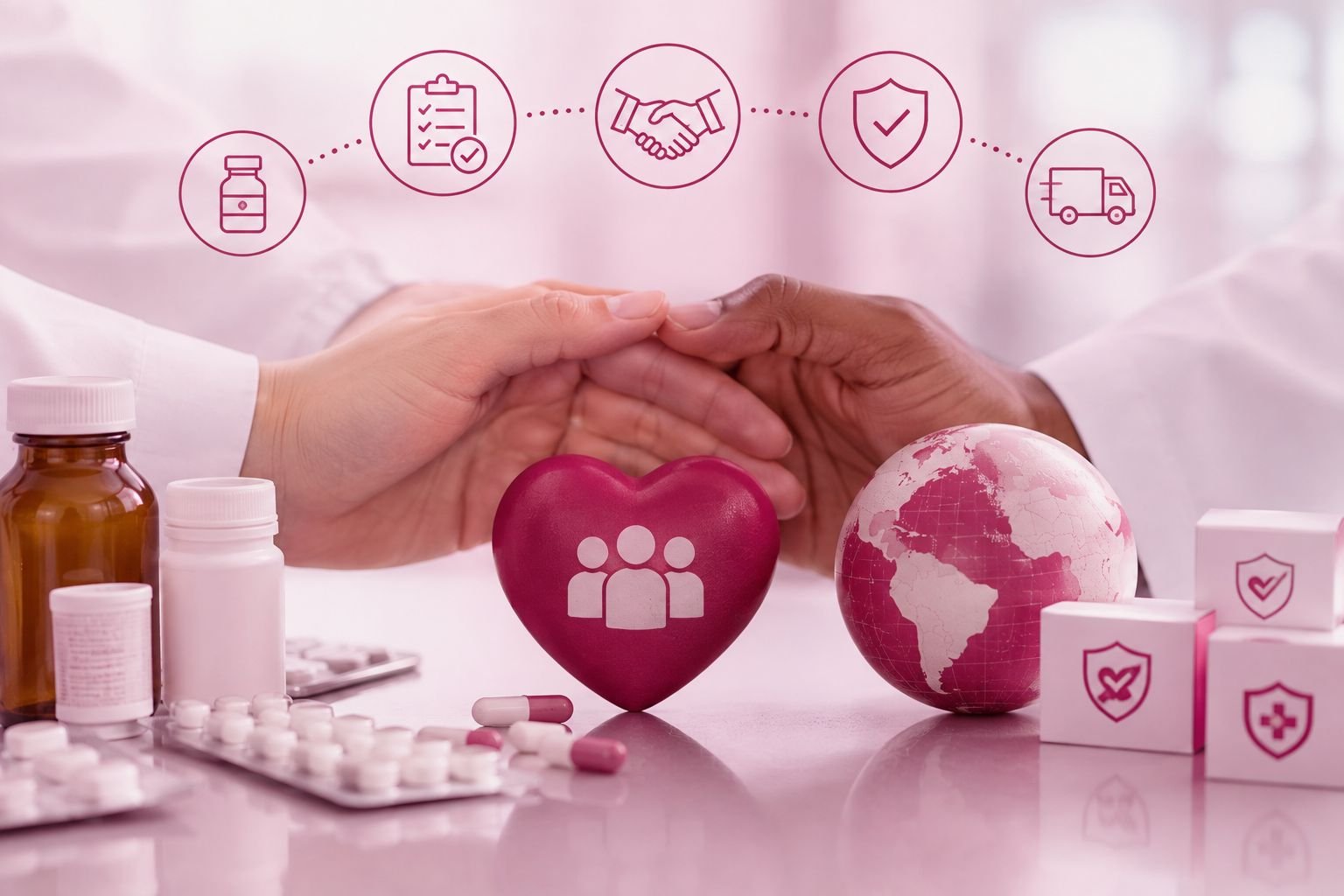 Hands joined over a heart and globe with medical icons above